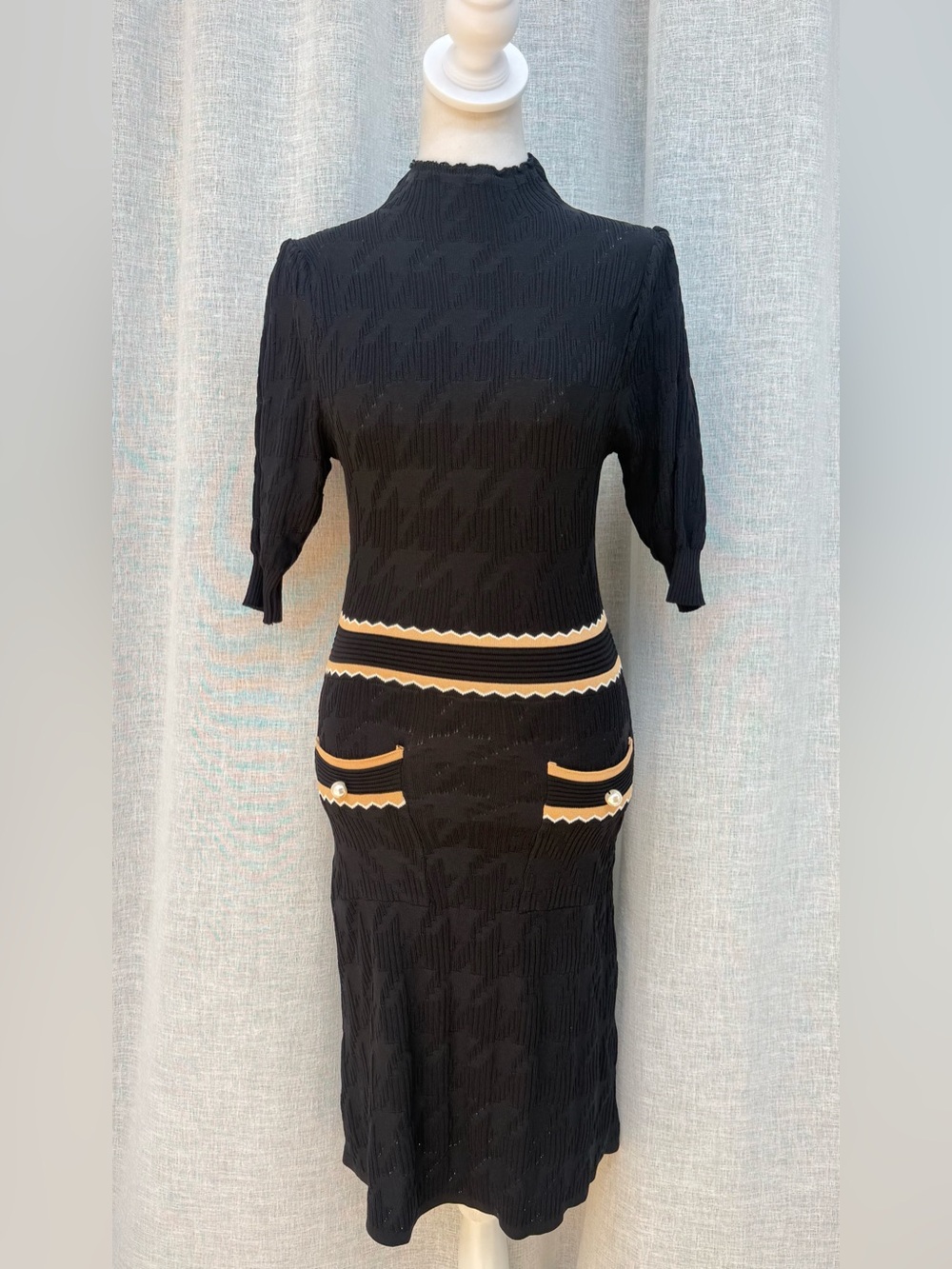 Dalia MacPhee black knitted brown trim dress